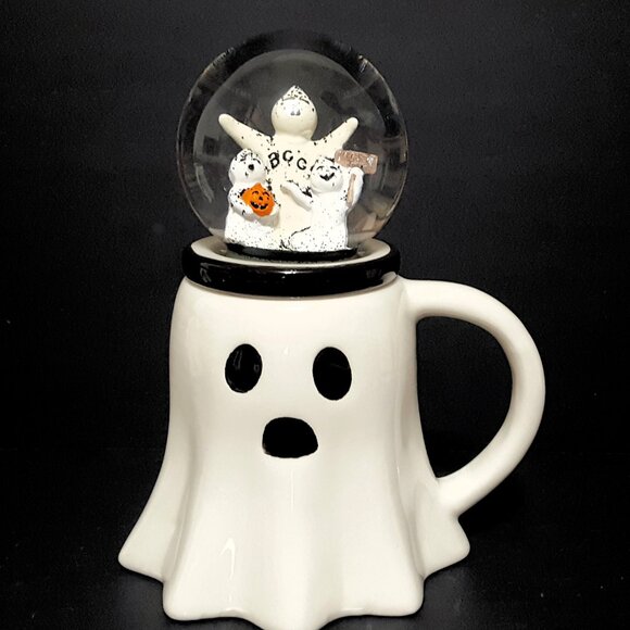 NEW Global Design Ghost Mug with Snowglobe Lid 15 OZ Porcelain Halloween - Picture 1 of 7